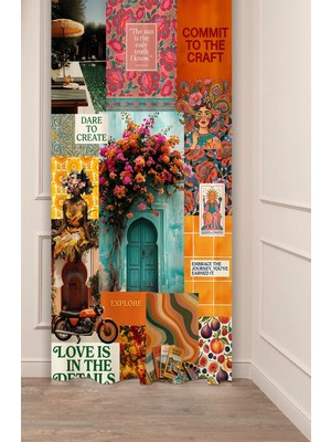 Greendecor Estetik Kolaj Renkli Vintage Botanik ve Sanatsal Artistic Vibes Collage Özel Tasarım Dijital Baskılı Fon Perde