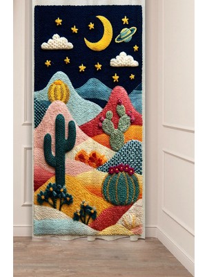 Greendecor Kozmik Çöl Rüyası - Ay ve Yıldızlar Punch Nakış Görünümlü Bohem Stil Desenli Chiccollage Özel Tasarımlı Dijital Baskılı Fon Perde