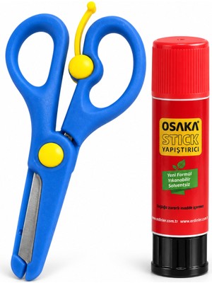 Osaka Çocuk Makası Lacivert – Korumalı Küt Uçlu Yaylı Çelik Bıçaklı Makas ve 9 gr Stick Yapıştırıcı Seti