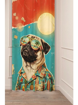 Greendecor Pop-Art Tarzı Yaz Temalı Gözlüklü Cool Pug Köpek Desenli Dijital Baskılı Fon Perde