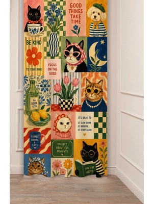Greendecor Good Vibes & Sevimli Hayvanlar Pozitif Yaşam Alanı Kolajı Cozy Konseptli Butik Vibes Collage Desenli Dijital Baskılı Fon Perde
