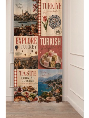 Greendecor Explore Turkey / Istanbul ve Kapadokya Manzaralı Vintage Collage Dijital Baskılı Fon Perde