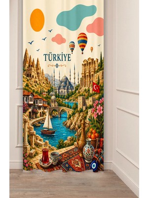 Greendecor Türkiye Anadolu Esintisi   Tasarımlı Nostaljik Illüstrasyon Fon Perde - Kapadokya & Istanbul Motifli Estetik Dijital Baskılı Dekoratif Perde