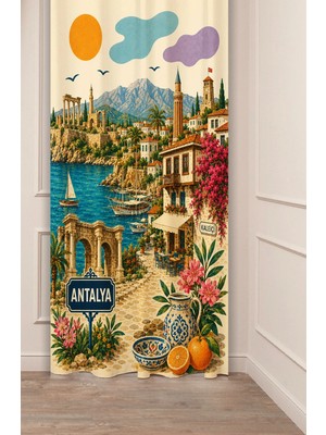Greendecor Antalya Temalı Retro Illüstrasyon Fon Perde - Kaleiçi, Minare & Akdeniz Sahili Yaz Motifli Estetik Dijital Baskılı Perde
