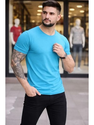 Pileli Store Erkek T-Shirt Bisiklet Yaka Slim Fit Dar Kesim Likralı Tişört Günlük Basic Body - Açık Mavi