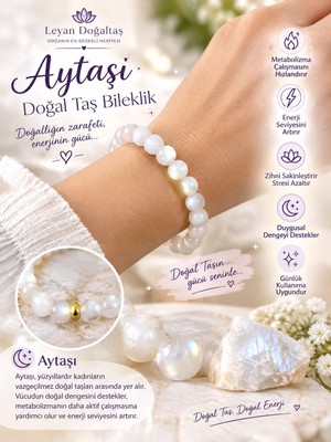 Leyan Doğal Taş Doğal Aytaşı Bileklik 8 mm – Beyaz Aytaşı Taşlı, Gold Detaylı, Özel Tasarım