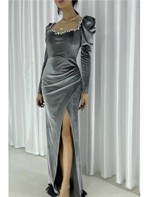 Defy Moda Kadın Hediyelik Kare Yaka Taş Detaylı Uzun Kollu Abiye Elbise