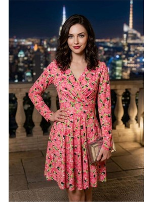 Defy Moda Kadın Bohem Kruvaze Yaka Mini Uzun Kollu Abiye Elbise