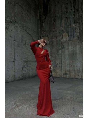 Defy Moda Kadın Simli Kumaş Degaje Yaka Dekolteli Maxi Abiye Elbise
