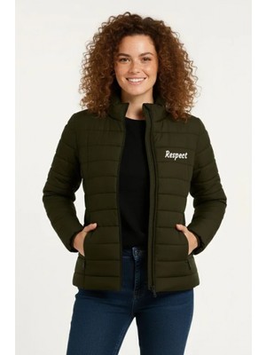 Pileli Store Mikro Su Itici Kapitone Baskılı Astarlı Fermuarlı Bomber Mont - Haki