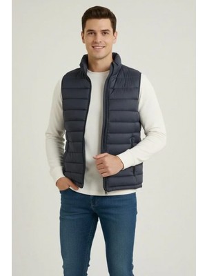 Pileli Store Erkek Şişme Fermuarlı Yelek Su Itici Kapitone Astarlı Kumaş Cepli Hafif Kışlık Spor Rahat Kalıp - Lacivert