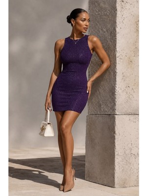 Defy Moda Kadın Trend Model Simli Kumaş Bisiklet Yaka Mini Abiye Elbise
