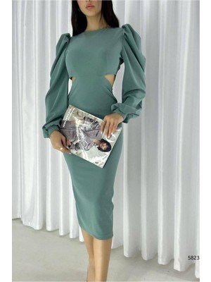 Defy Moda Kadın Klasik Krep Kumaş Degaje Yaka Yırtmaçlı Midi Abiye Elbise
