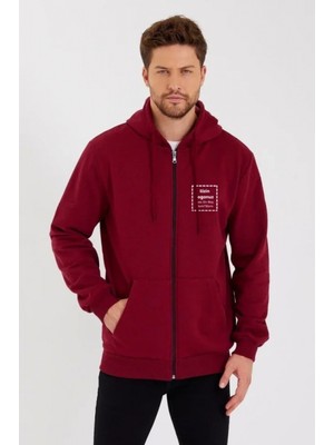 Pileli Store Unisex Tam Fermuarlı Kapşonlu özel Tasarım Sweatshirt - Bordo