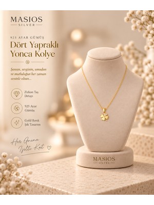 Masios Silver Zirkon Taşlı Gold Renk 4 Yapraklı Yonca Model 925 Ayar Gümüş Kolye
