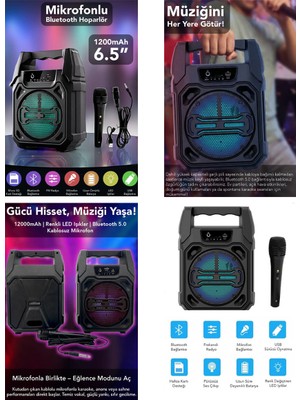 Ttt Mikrofonlu Bluetooth Hoparlör - LED Işıklı - USB Şarjlı - Aux Destekli