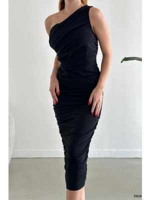 Defy Moda Kadın Sade Krep Kumaş Tek Omuz Abiye Elbise