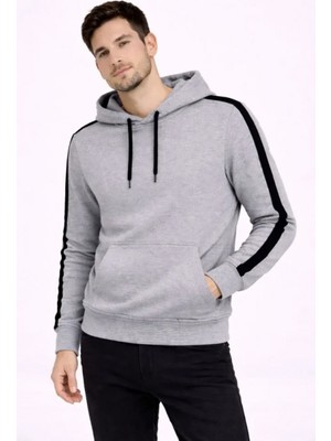 Pileli Store Erkek Şeritli Kapüşonlu Sweatshirt Oversize 3 Iplik Pamuklu - Gri