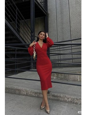 Defy Moda Kadın El Emeği Kruvaze Yaka Midi Uzun Kollu Elbise