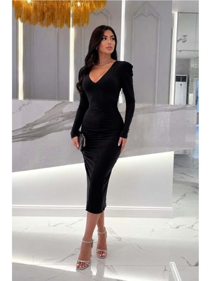Defy Moda Kadın Zarif Sandy Kumaş V Yaka Büzgülü Abiye Elbise