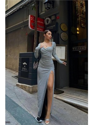 Defy Moda Kadın Kalp Yaka Yırtmaçlı Uzun Kollu Abiye Elbise