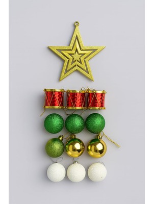 Gültekin Yılbaşı Ağacı Süsü Noel Süsleri Gold Yıldız, Yeşil Beyaz Toplar Yılbaşı Hediyeleri 10 Adet