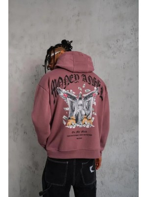 Pileli Store Erkek Kordon Ipli Baskılı Kapüşonlu Sweatshirt - Gül Kurusu