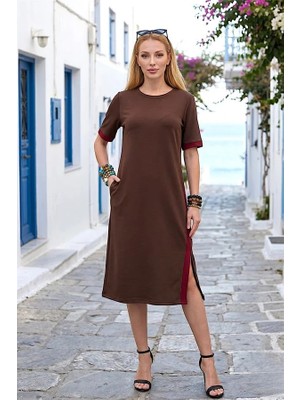 Keyifli Moda Kahverengi Şeritli Modal Elbise