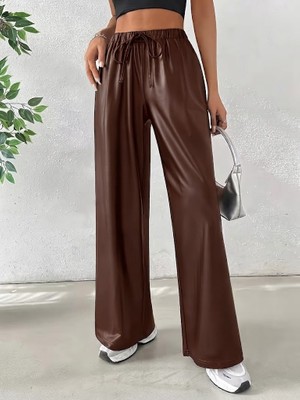Trend Metkar Kadın Yüksek Bel Belden Lastikli Bağcıklı Geniş Kesim Detaylı Deri Pantolon