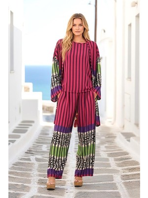Keyifli Moda Fuşya Çizgili Tunik Bluz Pantolon Üçlü Takım