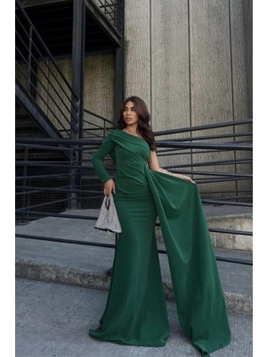 Defy Moda Kadın Krep Kumaş Tek Omuz Kuyruklu Abiye Elbise