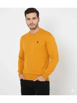 Pileli Store Erkek Bisiklet Yaka Nakış Işlemeli Triko Kazak Yumuşak Dokulu Pamuklu Ince Dokuma, Uzun Kollu Rahat Regular Kalıp - Turuncu