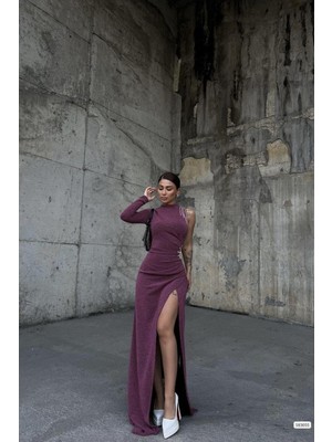 Defy Moda Kadın Dik Yaka Taş Detaylı Uzun Kollu Abiye Elbise