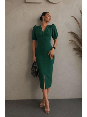 Defy Moda Kadın Trend Model Krep Kumaş V Yaka Kısa Kollu Abiye Elbise