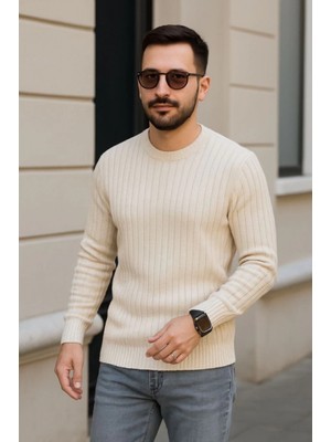 Pileli Store Erkek Bisiklet Yuvarlak Yaka Triko Kazak Pamuklu Kalın Fitilli Dokuma, Regular Fit Uzun Kollu Kışlık Model - Bej