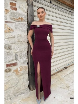 Defy Moda Kadın Zarif Stil Straplez Taş Detaylı Yırtmaçlı Abiye Elbise
