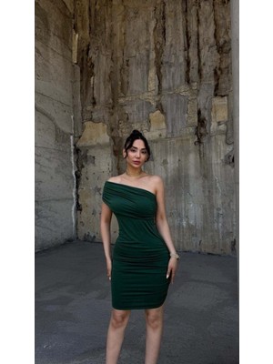 Defy Moda Kadın Şık Model Tek Omuz Büzgülü Drapeli Elbise