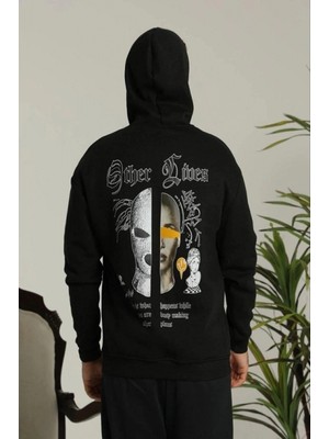 Pileli Store Erkek Kapşonlu Sweatshirt – Oversize Üç Iplik Şardonlu Hoodie, “other Lives” Ön - Arka Baskılı, Kanguru Cepli, Kışlık Rahat Günlük Stil - Siyah