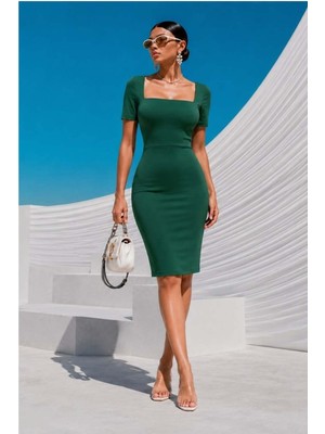 Defy Moda Kadın Şık Model Krep Kumaş Kare Yaka Mini Abiye Elbise