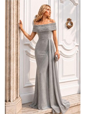 Defy Moda Kadın Trend Degaje Yaka Dekolteli Maxi Uzun Kollu Abiye Elbise