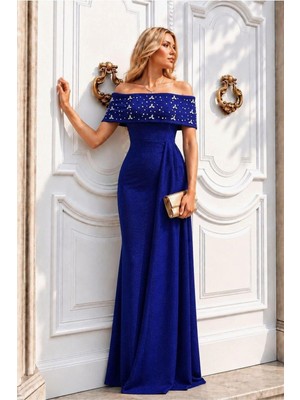 Defy Moda Kadın Trend Degaje Yaka Dekolteli Maxi Uzun Kollu Abiye Elbise