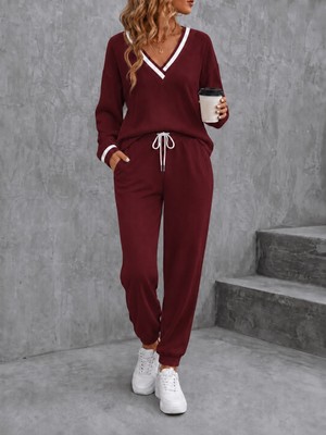 Trend Cojans Kadın Uzun Kollu V Yakalı Waffle Bluz ve Bağcıklı Pantolon Ikili Takım