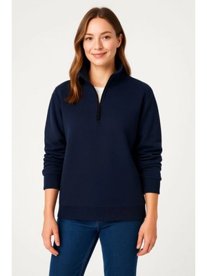 Pileli Store Üç Iplik Dık Yaka Yarım Fermuarlı Sweatshirt - Lacivert