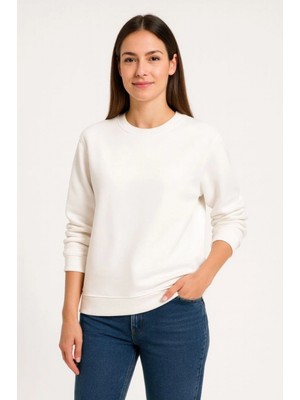 Pileli Store Üç Iplik Düz Bisiklet Yaka Sweatshirt - Beyaz