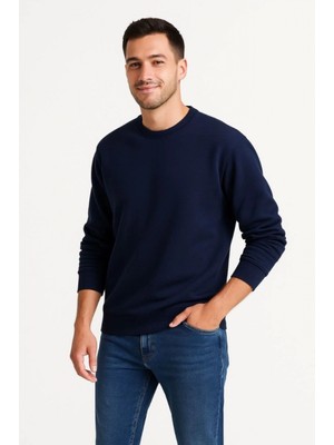 Pileli Store Erkek Üç Iplik Düz Bisiklet Yaka Sweatshirt - Lacivert