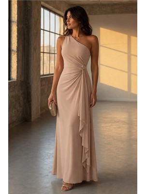 Defy Moda Kadın Modern Stil Tek Omuz Kemerli Maxi Abiye Elbise