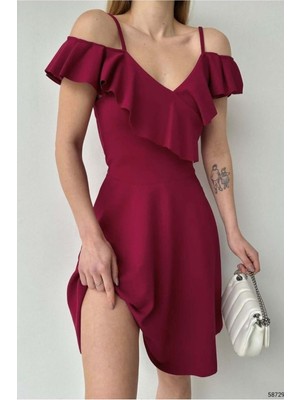Defy Moda Kadın Minimal Esnek Krep Kumaş Kruvaze Yaka Volanlı Abiye Elbise