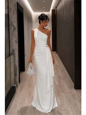 Defy Moda Kadın Modern Stil Tek Omuz Kemerli Maxi Abiye Elbise