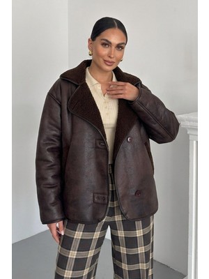 Msm Fashion  Kadın Lamine Mont Içi Peluş Çift Cepli Uzun Kollu Düğmeli Düşük Omuz Kürklü Oversize Ceket Mont