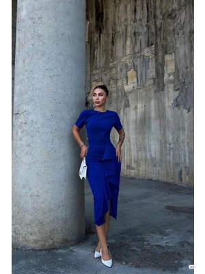 Defy Moda Kadın Krep Kumaş Bisiklet Yaka Yırtmaçlı Abiye Elbise